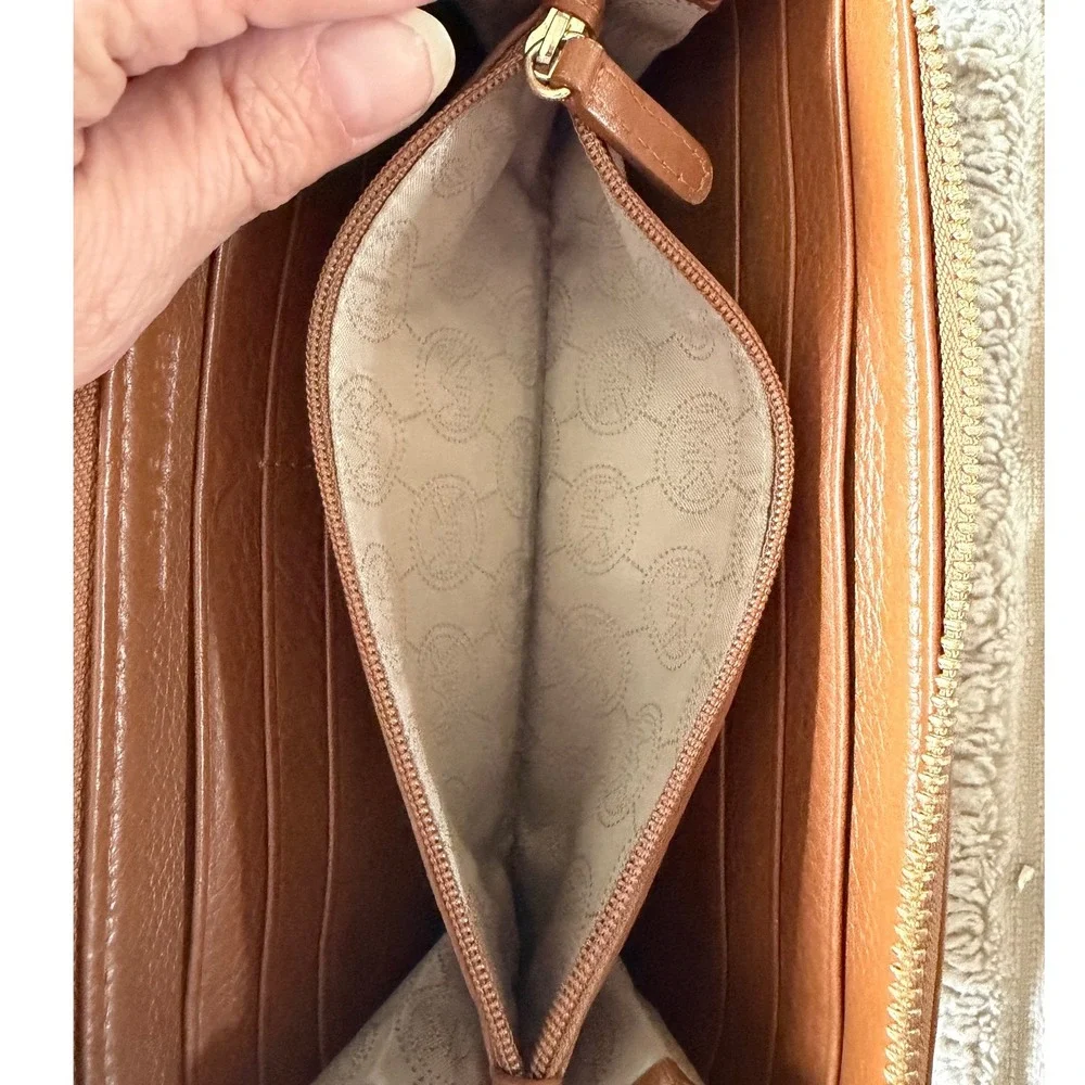 Michael Kors Tan Pebbled Leather Zip Around Continental Wallet Gold Logo Plaque